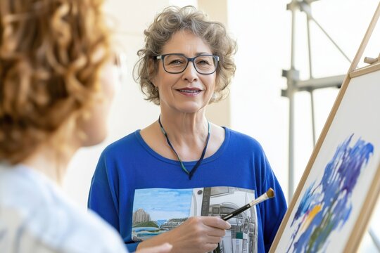 Two middle aged artists share creativity and ideas while painting together in a well-lit studio, showcasing vibrant colors and artistic passion