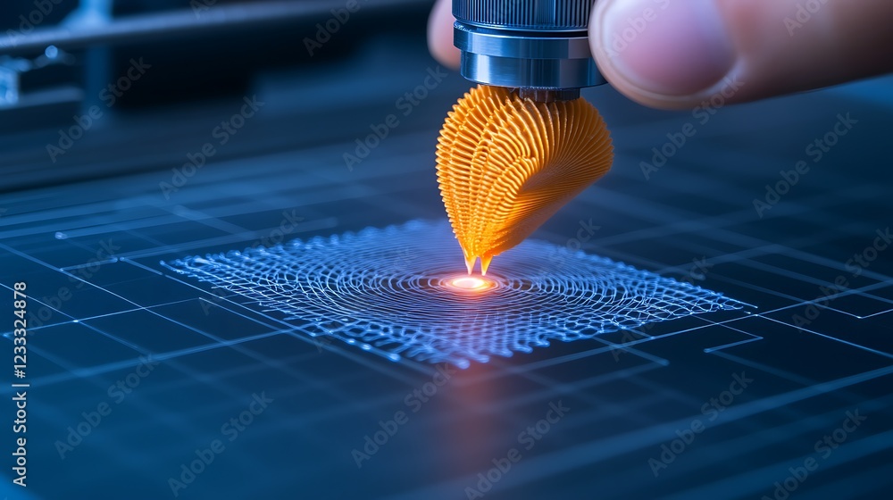 Poster 3d printing additive manufacturing process creating intricate orange object.