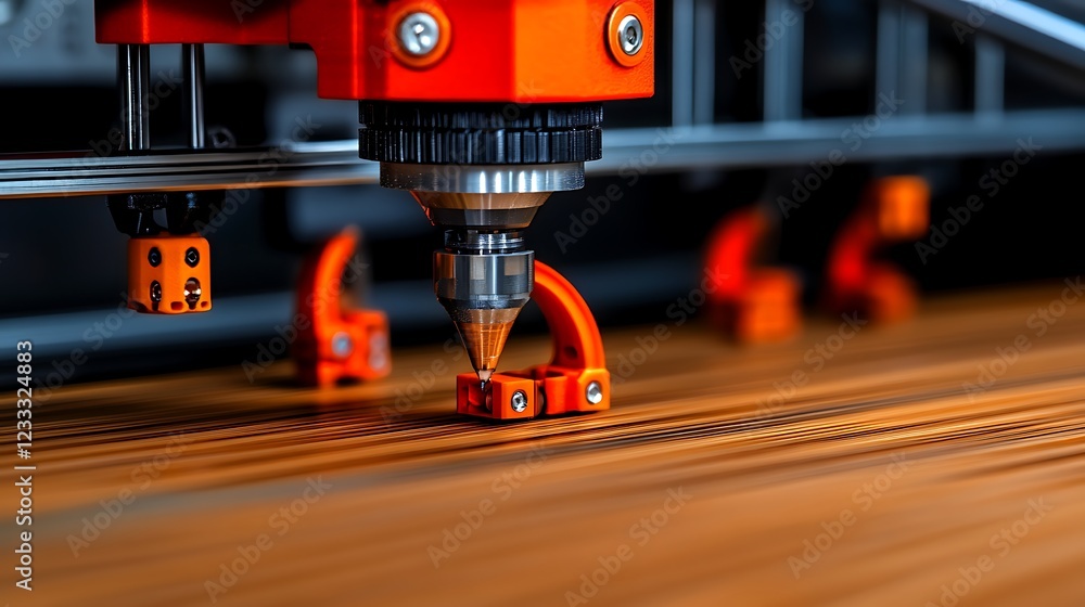 Poster close-up of a cnc machine's nozzle precisely etching a wooden surface.