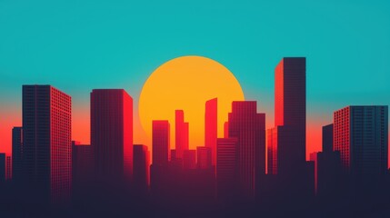 Obraz premium Vibrant Sunset Over Urban Skyline Silhouettes