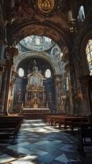 Obraz premium Ornate church interior bathed in sunlight