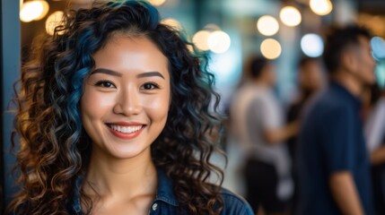 Fototapeta premium Happy woman with curly hair exudes confidence in vibrant blurred background 