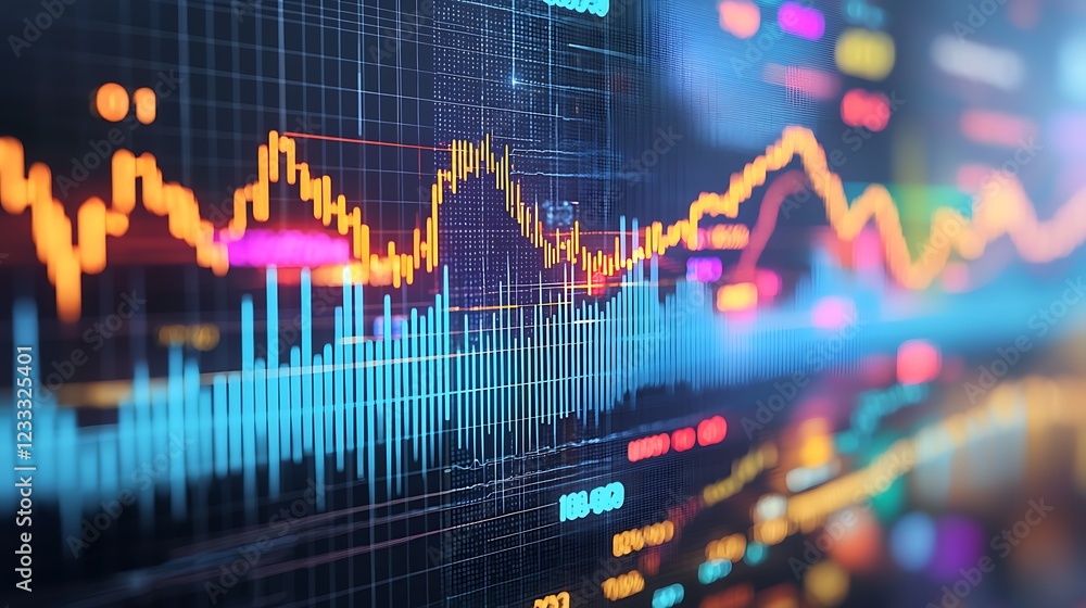 Poster dynamic stock market data visualization: colorful charts and graphs on a screen