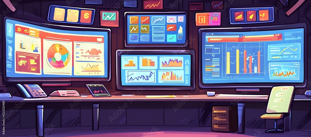 Poster a stylized illustration of a control room displaying numerous financial charts and graphs on large m