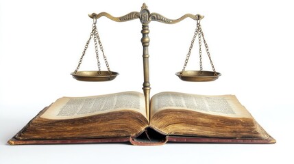 Law book on table with scales of justice isolated on white background