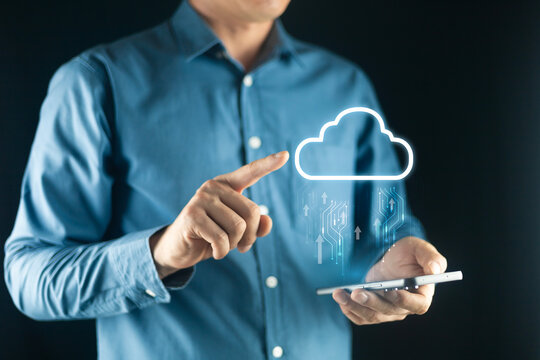 Businessman using Cloud Computer technology and storage online for computer business network ideas connected to Internet server services for cloud transfer shown in the future Network of Data