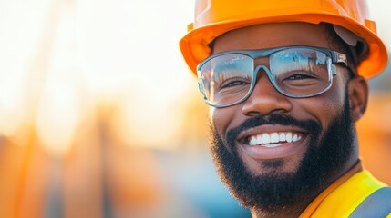 Smiling African American construction worker in safety gear.