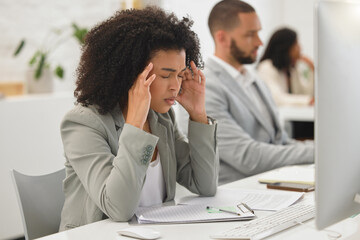 Headache, computer and business woman with office, exhausted and pain with 404 error. Frustrated,...