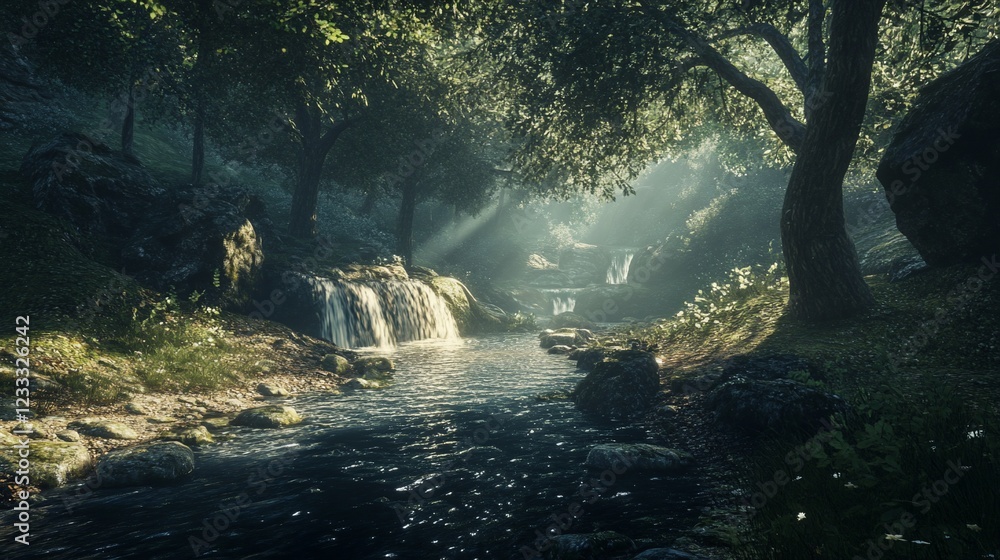 Poster sunlight filters through trees onto a flowing stream with small waterfalls and rocks