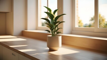 Potted plant bright window wood counter indoor space home decor light