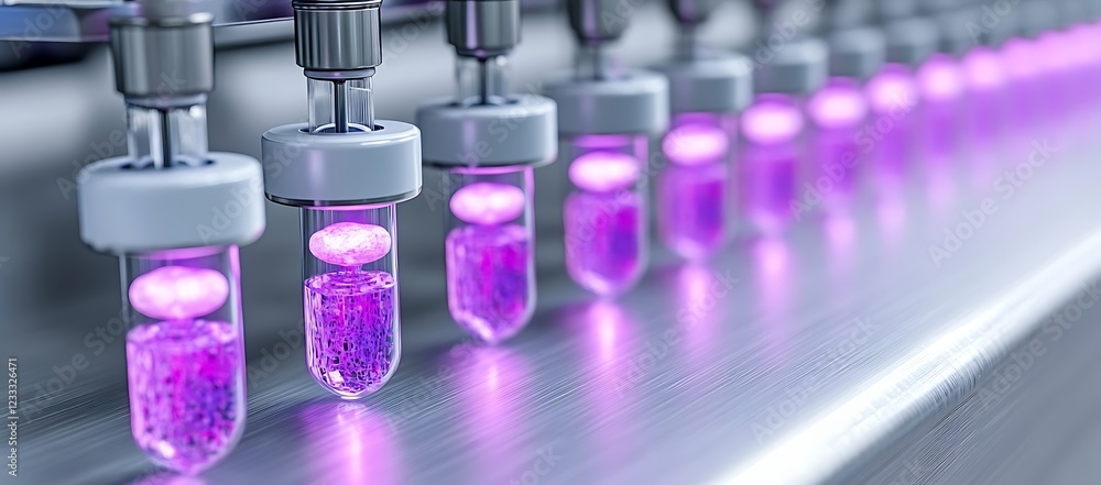 Poster automated bio-sample processing: rows of glowing vials in a futuristic laboratory.