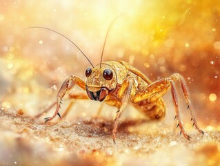 Fototapeta premium Detailed close-up of a brown cricket with large eyes on a sandy background