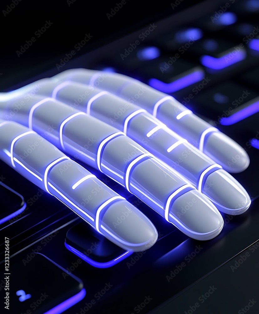 Aufkleber robotic hand interacting with a futuristic illuminated keyboard