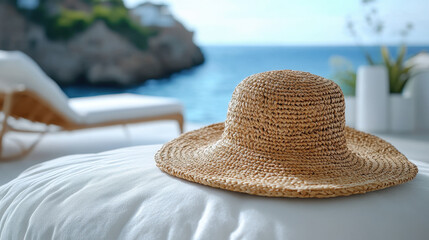 close up of straw hat resting on white pouf, with serene ocean view in background, evokes sense of relaxation and summer vibes