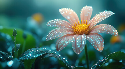 close up of dew covered wildflower with delicate petals and vibrant yellow center, surrounded by lush green leaves, creating serene and refreshing atmosphere