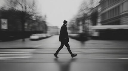 A solitary figure walks through a misty urban street, embodying solitude amidst blurred city life