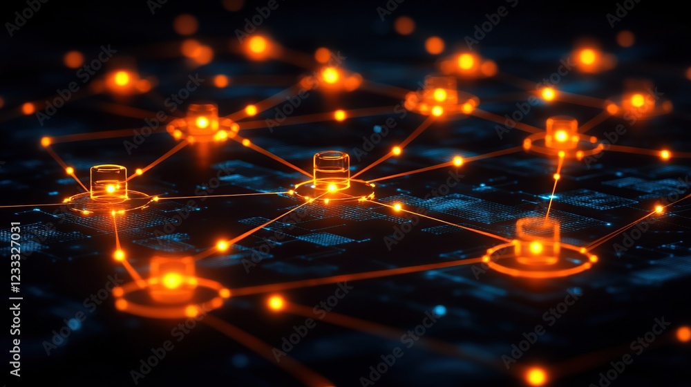 Poster global network data flow, illuminated nodes, dark background, tech concept