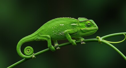Fototapeta premium Caméléon vert vif se déplaçant sur une tige végétale. Photo de stock pour la faune, les reptiles, la nature, la biodiversité et les environnements tropicaux.