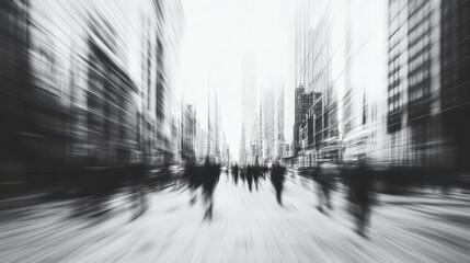 Naklejka premium Abstract cityscape with blurred figures walking amidst tall buildings in a monochromatic scene
