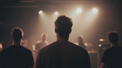 Audience watching a live band performance on stage with dramatic lighting and musicians