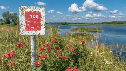 Summer lake roses, numbered sign, scenic view, nature photography