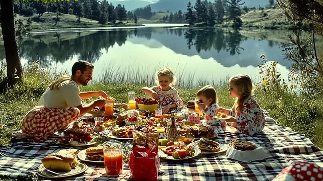 Family picnic by a serene lake with children enjoying food and drinks in a lush landscape