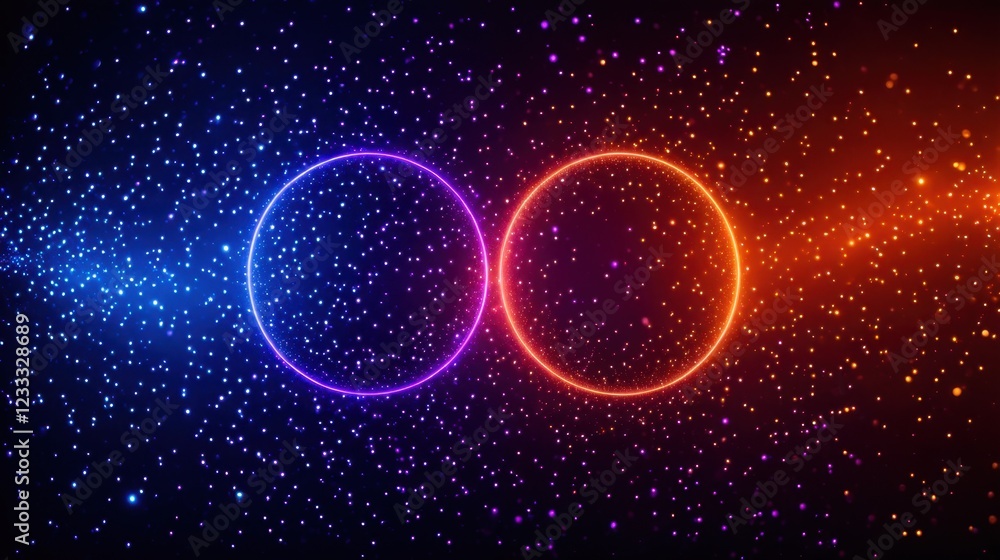 Poster brilliant orange and blue gleaming circles contrast in a dark particle-filled abstract space