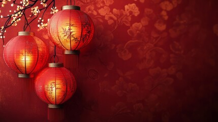 Glowing Red Chinese Lanterns Hang Against A Dark Red Floral Wall, Creating A Festive And Warm Atmosphere.