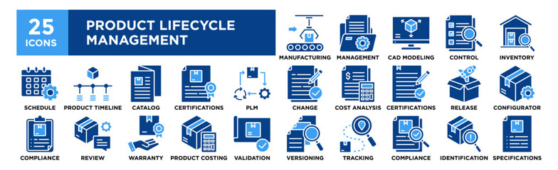 Product Lifecycle Management icon collection set. Containing design Product Manufacturing, Document Management, CAD Modeling, Quality Control, Inventory Tracking	