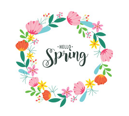Spring hello greeting card clipart design. Hello spring text with colorful watercolor drawing flowers and leaves in round wreath shape for beautiful clip art background. Vector illustration.