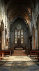 Fototapeta premium Serene church interior with stained glass