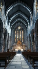 Fototapeta premium Stone church interior with stained glass