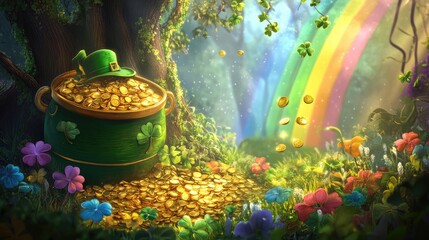 Leprechauns bounty, Pot of gold, rainbow backdrop a magical St. Patricks Day illustration, blending whimsy with the vibrant spirit of the holiday.