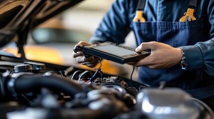 Mechanic Using Diagnostic Tool on Vehicle Engine in Workshop Setting