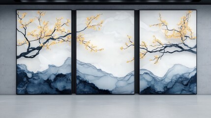 Serene triptych of gold-leafed branches and watercolor mountains.  A calming piece for any modern interior.
