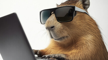 capybara wearing sunglasses is focused on laptop, showcasing relaxed and cool demeanor. This unique scene captures playful side of wildlife in modern setting