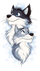 Obraz premium Two adorable cartoon wolves, one gray and one black and white, gaze dreamily against a soft blue background.