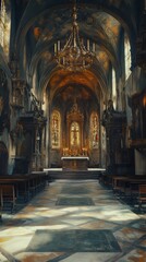 Fototapeta premium Ornate church interior, sunlight streams in