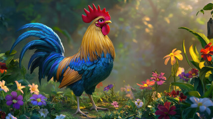 Fototapeta premium vibrant, majestic rooster stands proudly amidst colorful flowers, showcasing its striking blue and gold feathers in serene, sunlit garden