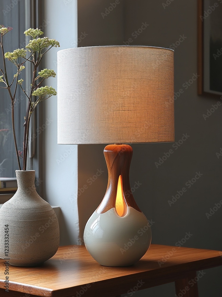 Poster Modern table lamp with a unique ceramic base and linen shade.
