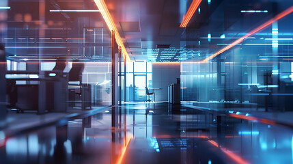 A modern office interior with sleek design and vibrant lighting effects.