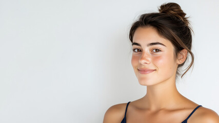 Happy french woman wearing blue dress smiling isolated on white background
