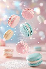 Obraz premium Bright and colorful macarons floating in mid-