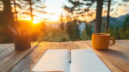 Fototapeta premium A peaceful sunrise view accompanies a writer's morning routine. A notebook, pen, and warm drink provide the perfect setting for inspiration.