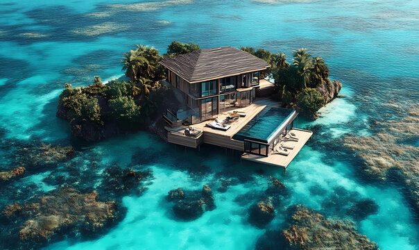 A luxurious cabin on a private island surrounded by serene nature, offering ultimate privacy