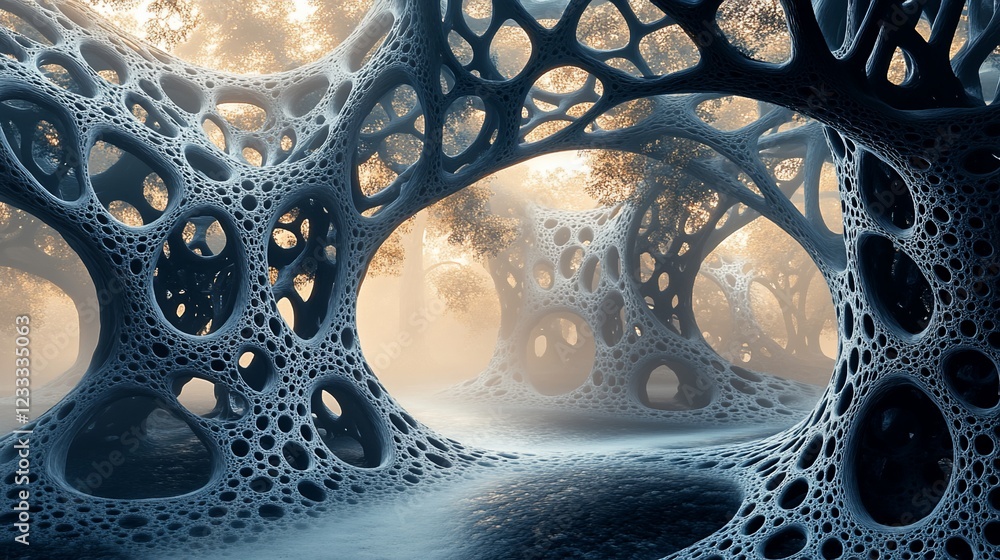 Poster surreal forest landscape with intricate hollow structures and golden haze