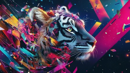Abstract tiger with shattered colorful glass effect against dark background and vibrant colors