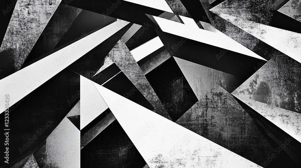 Poster abstract geometric pattern with sharp angles and textured surfaces in black and white