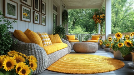 Sunny porch with wicker furniture, yellow cushions, sunflowers, and rug.