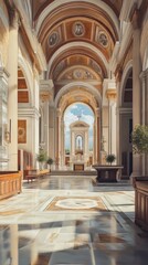 Fototapeta premium Sunlit cathedral interior, serene space